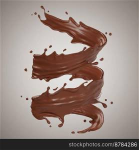 Suitable for use on food products, beverages milk or whey protein. Chocolate isolated splashes spiral. 3D render illustration
