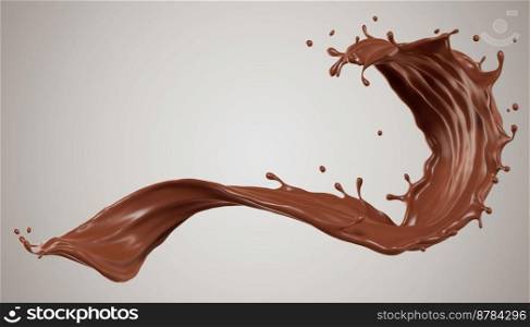 Suitable for use on food products, beverages milk or whey protein. Chocolate isolated splashes wave. 3D render illustration