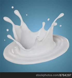 Suitable for use on food products, beverages milk or yogurt.. milk pouring down and making splashes. 3D render illustration