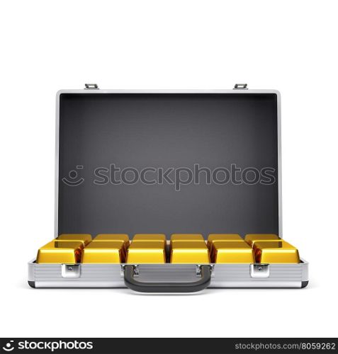 Suitcase with gold bars. Metal suitcase with gold bars isolated on a white background.