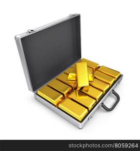 Suitcase with gold bars. Metal suitcase with gold bars isolated on a white background.
