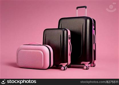 suitcases for traveling large black bag on pink background, created with generative ai