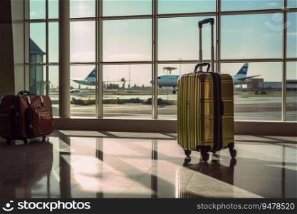 Suitcases in airport, airport hall, airplanes in the background. Generative AI