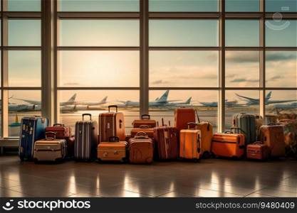 Suitcases in airport, airport hall, airplanes in the background. Generative AI