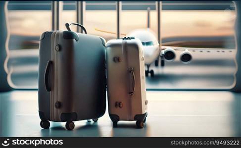 Suitcases in airport departure lounge. Empty hall interior with large windows and Airplane background. Summer vacation and Vacation booking concept. Generative Ai.