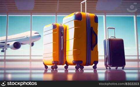 Suitcases in airport. Travel concept. Generative AI