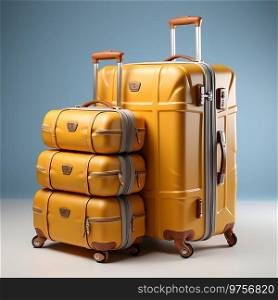 Suitcases with wheels on blue background. travel concept. ia generated