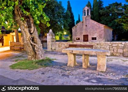 Sukosan dalmatian village historic stone church and architecture evening view, Dalmatia, Croatia