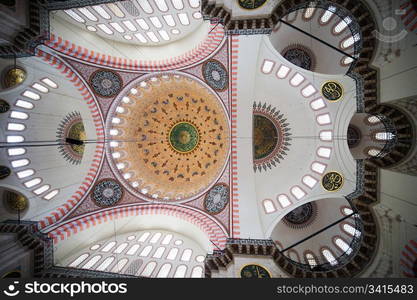 Suleymaniye Mosque (Ottoman imperial mosque) ornate interior ceiling in Istanbul, Turkey