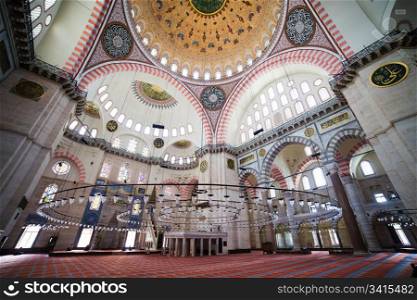 Suleymaniye Mosque (Ottoman imperial mosque) ornate interior in Istanbul, Turkey
