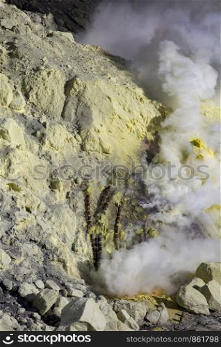 Sulfur mine as a source of sulfur on volcano Ijen in Indonesia