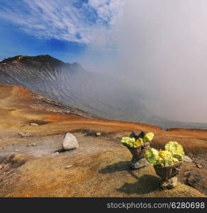 sulfur mining industry in Ijen volcano, Java, Indonesia