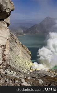 Sulfur vapor from crater lake Kaweh Ijen with turquoise water