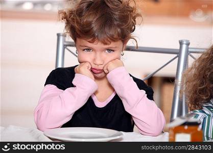 Sulky girl sitting at the breakfast table