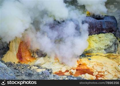 Sulphur produced by the volcano, Ijen crater, Indonesia