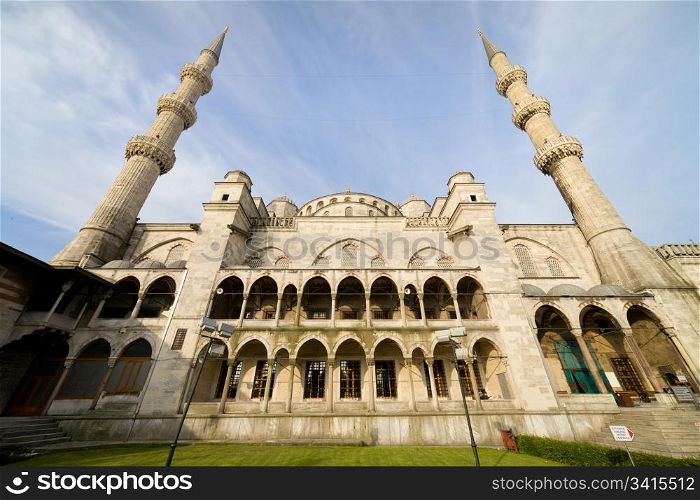 Sultan Ahmet Mosque architecture also known as the Blue Mosque (left side, the one facing Hagia Sophia) in Istanbul, Turkey, Sultanahmet district