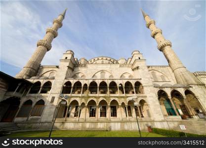 Sultan Ahmet Mosque architecture also known as the Blue Mosque (left side, the one facing Hagia Sophia) in Istanbul, Turkey, Sultanahmet district