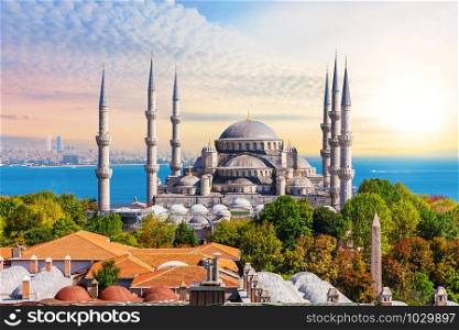 Sultan Ahmet Mosque in Istanbul, bright summer view.. Sultan Ahmet Mosque in Istanbul, bright summer view
