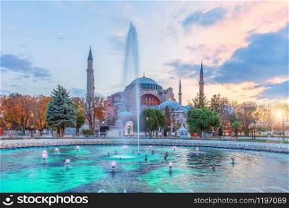 Sultan Ahmet Square fountain and Hagia Sophia, Istanbul, Turkey.. Sultan Ahmet Square fountain and Hagia Sophia, Istanbul, Turkey