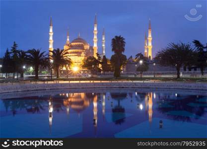 Sultanahmet Blue Mosque at dusk, Istanbul, Turkey