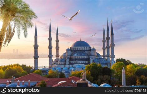 Sultanahmet or the Blue Mosque at sunset, Istanbul view, Turkey.