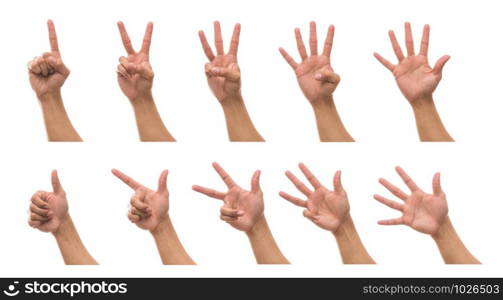 Sum 10 picture of Men hand in front side with show number collection over white background, include clipping path