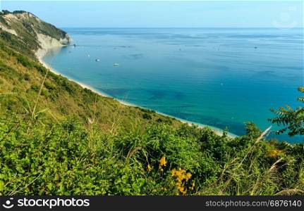 Summer Adriatic sea bay and Spiaggia Mezzavalle beach near Portonovo and Ancona towns in the Marche region. Italy, Conero Riviera.