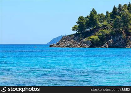 Summer Aegean sea coast landscape with pine trees (Chalkidiki, Greece).