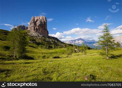 Summer alpine mountain hills panorama. Cinque Torri, Dolomites Alps, Italy