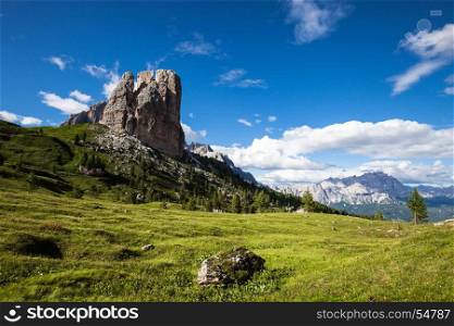 Summer alpine mountain rocky hills landscape. Cinque Torri, Dolomites Alps, Italy