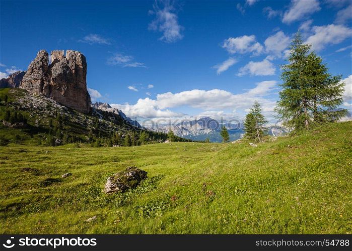 Summer alpine mountain rocky hills landscape. Cinque Torri, Dolomites Alps, Italy