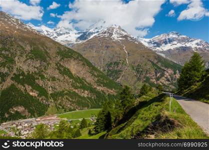 Summer Alps mountain landscape with fir forest on slope and snow covered rocky tops in far, Switzerland.