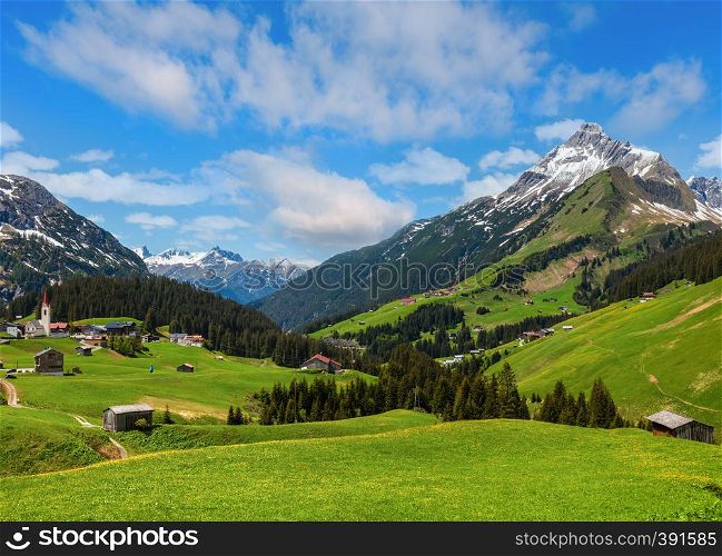 Summer Alps mountain view to Biberkopf mount (Warth, Vorarlberg, Austria).