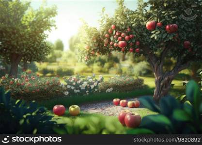 Summer Apple Garden Illustration Generative AI