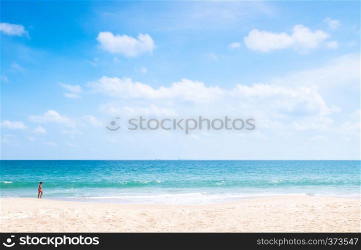 Summer at Bakantiang beach in Koh Lanta - Krabi, Thailand. European tourist on white sand beach with clear blue sky