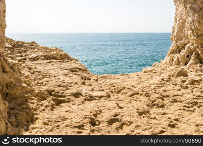 Summer Atlantic ocean rocky coastline near Carvoeiro town, Lagoa, Algarve - Portugal.
