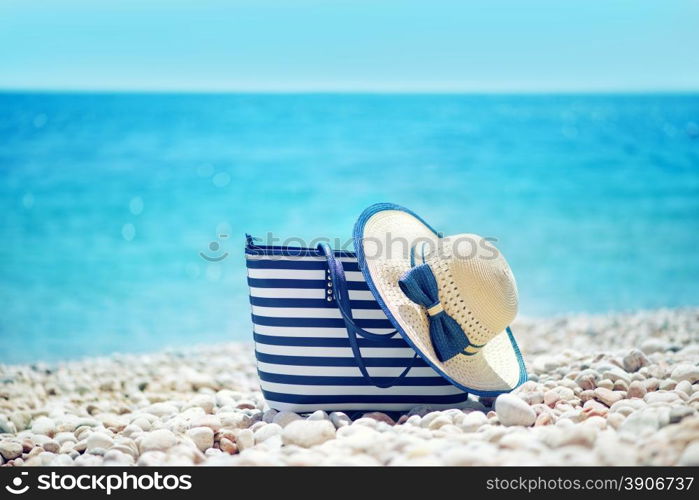 summer background, blue towel on sea beach