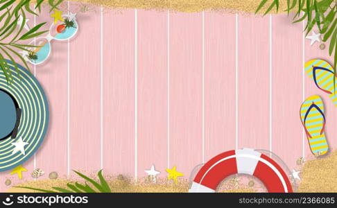 Summer background with beach vacation holiday theme with copy space on pink wooden panel, illustration horizon banner flat lay tropical Summer design with coconut palm leaves border on wood plank textured