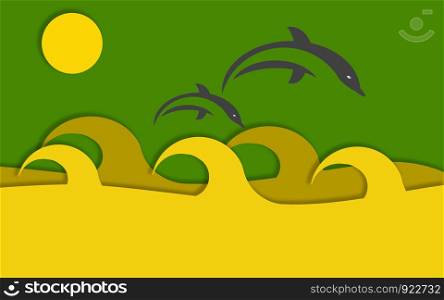 Summer background with fish jumping out from water, 3D rendering