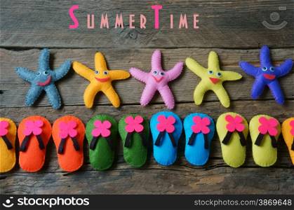 Summer background with handmade, colorful sandal, star fish, summertime is hot season, time for beach travel