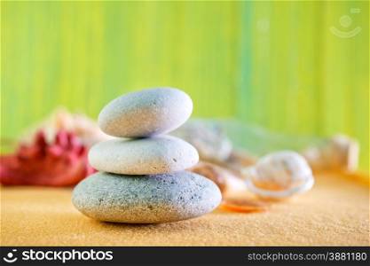 summer background, yellow sand and sea shels