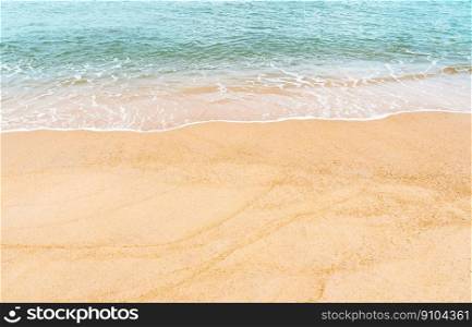 Summer Beach top view,Blue ocean with soft wave form on Sand Texture,Horizontal Seaside view of Brown Beach sand dune in Sunny day Spring,Background for Travel,Vocation,Summer Holiday advertisement