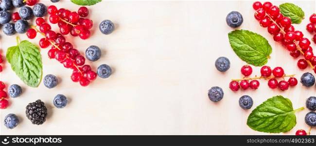 Summer berries border on white wooden background, top view, banner for website