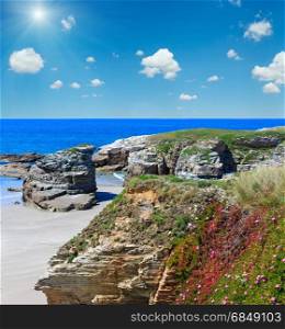 Summer blossoming Atlantic beach Illas (Galicia, Spain) with white sand and pink flowers in front. Deep blue sky with cumulus clouds and sunshine.