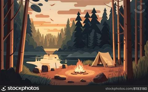 summer c&bonfire. fire nature, night forest, outdoor picnic, group tent, happy vacation summer c&bonfire ai generated illustration. summer c&bonfire ai generated