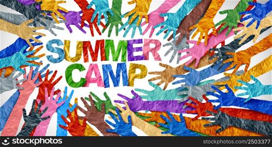Summer Camp Community Education as a group of diverse hands joining together representing diversity and learning.