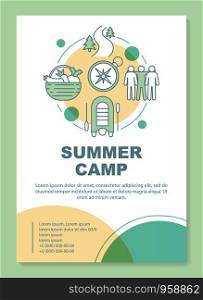 Summer camp, country holiday brochure template layout. Flyer, booklet, leaflet print design with linear illustrations. Vector page layouts for magazines, annual reports, advertising posters