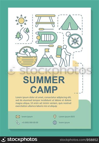Summer camp, forset trekking vacation brochure template layout. Flyer, booklet, leaflet print design with linear illustrations. Vector page layouts for magazines, annual reports, advertising posters