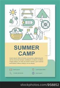 Summer camp, forset trekking vacation brochure template layout. Flyer, booklet, leaflet print design with linear illustrations. Vector page layouts for magazines, annual reports, advertising posters