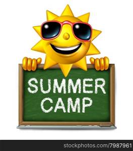 Summer camp message on a school chalk board with text written as a symbol of after school recreation and fun education with a happy sun character as an icon for childhood success.
